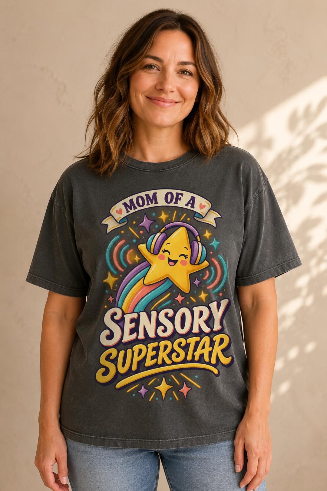 Model wearing the Mom of a Sensory Superstar Autism Acceptance Shirt