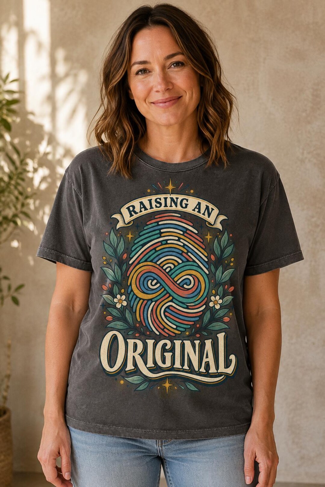 Model wearing the Raising an Original Autism Parent Acceptance Shirt